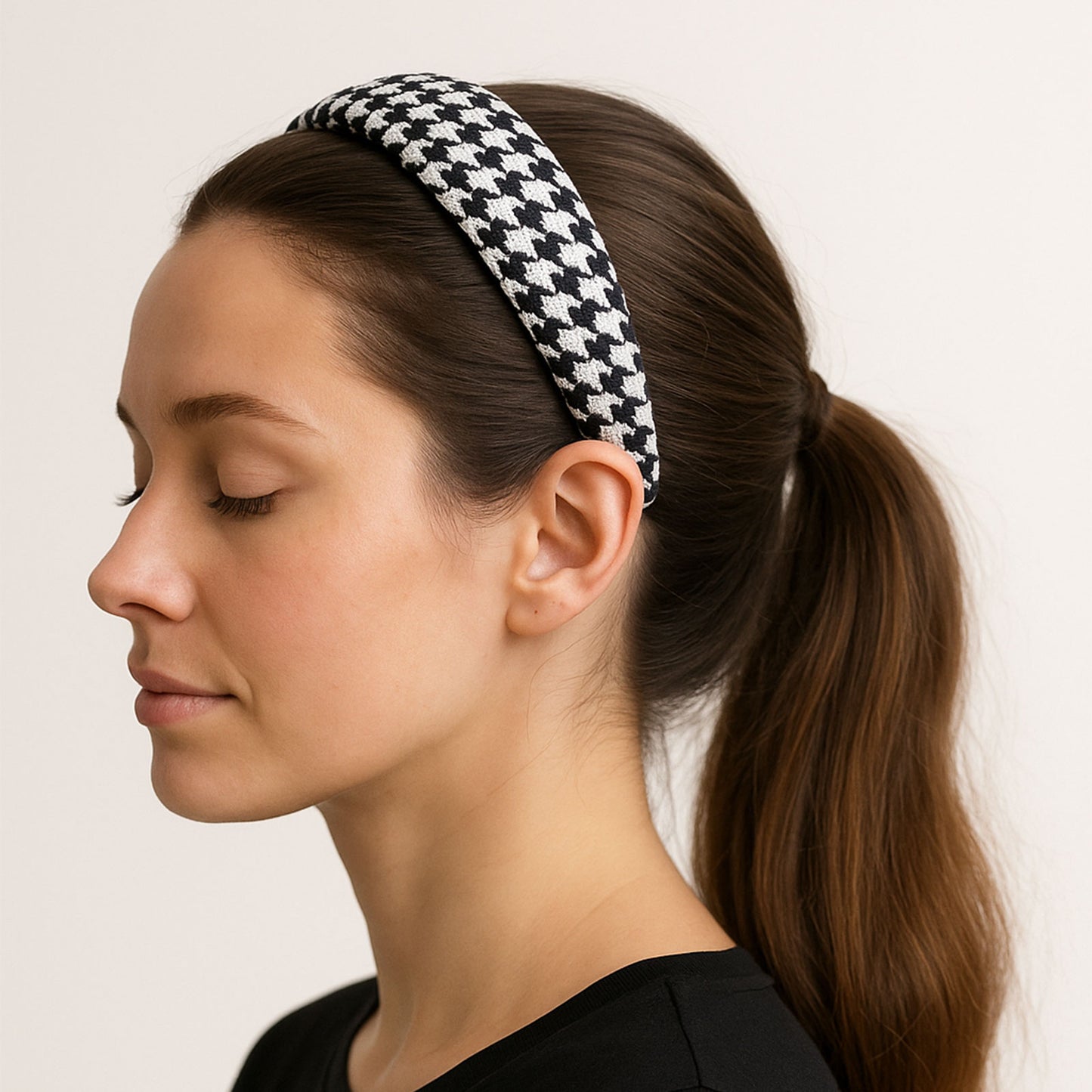 Serre-tête Large en Tissu Jacquard Pied de Poule