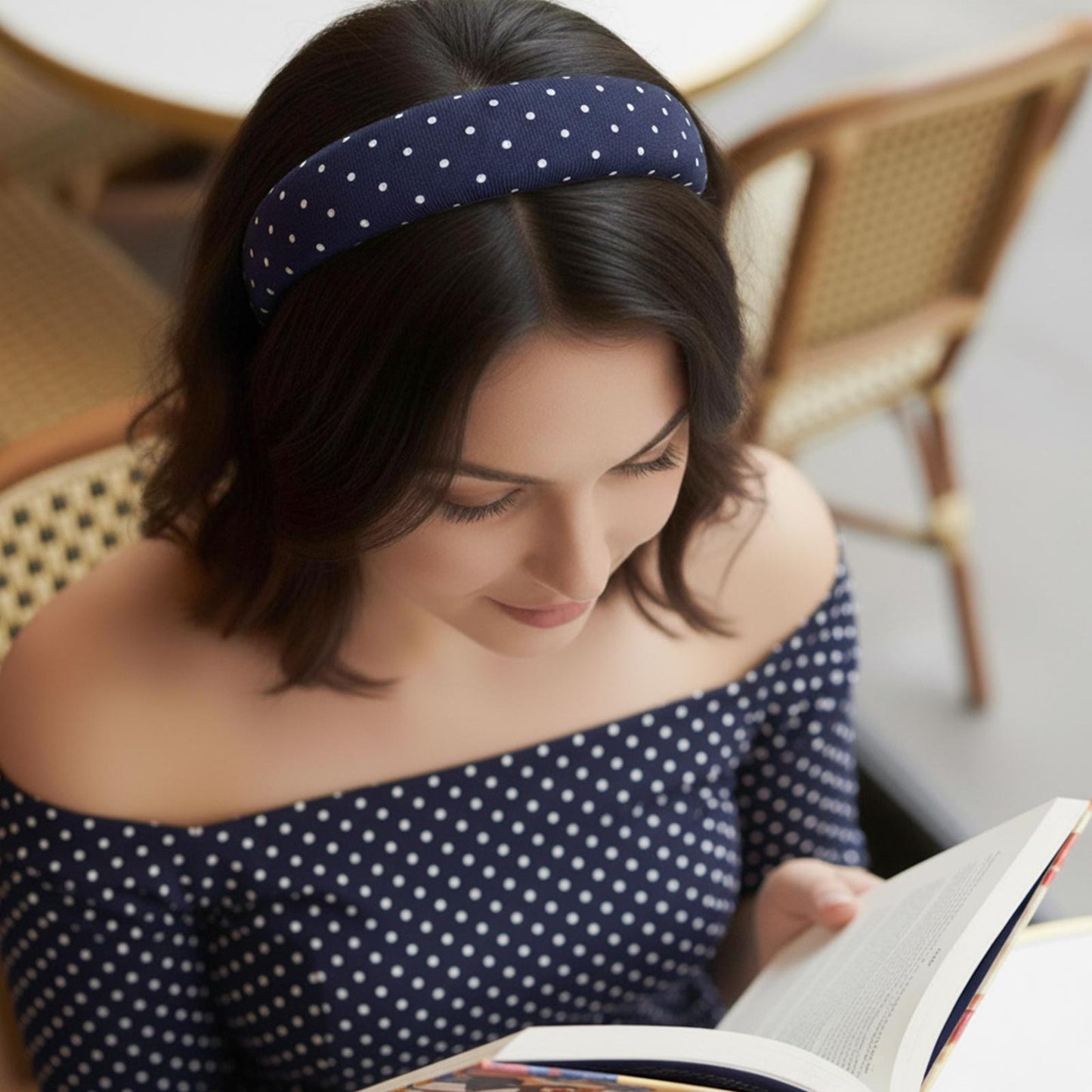 Serre-tête Large à Pois Alexandra en Tissu Doux Bleu