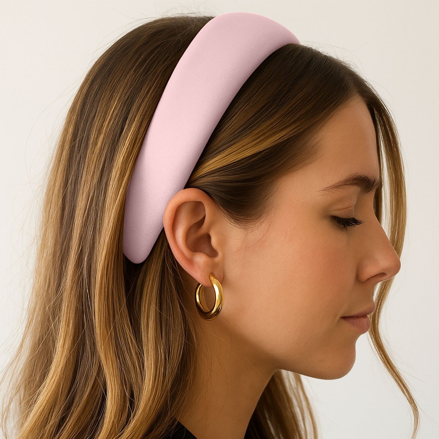 Serre-tête Large pour Cheveux en Satin Coussiné Glamour Rose