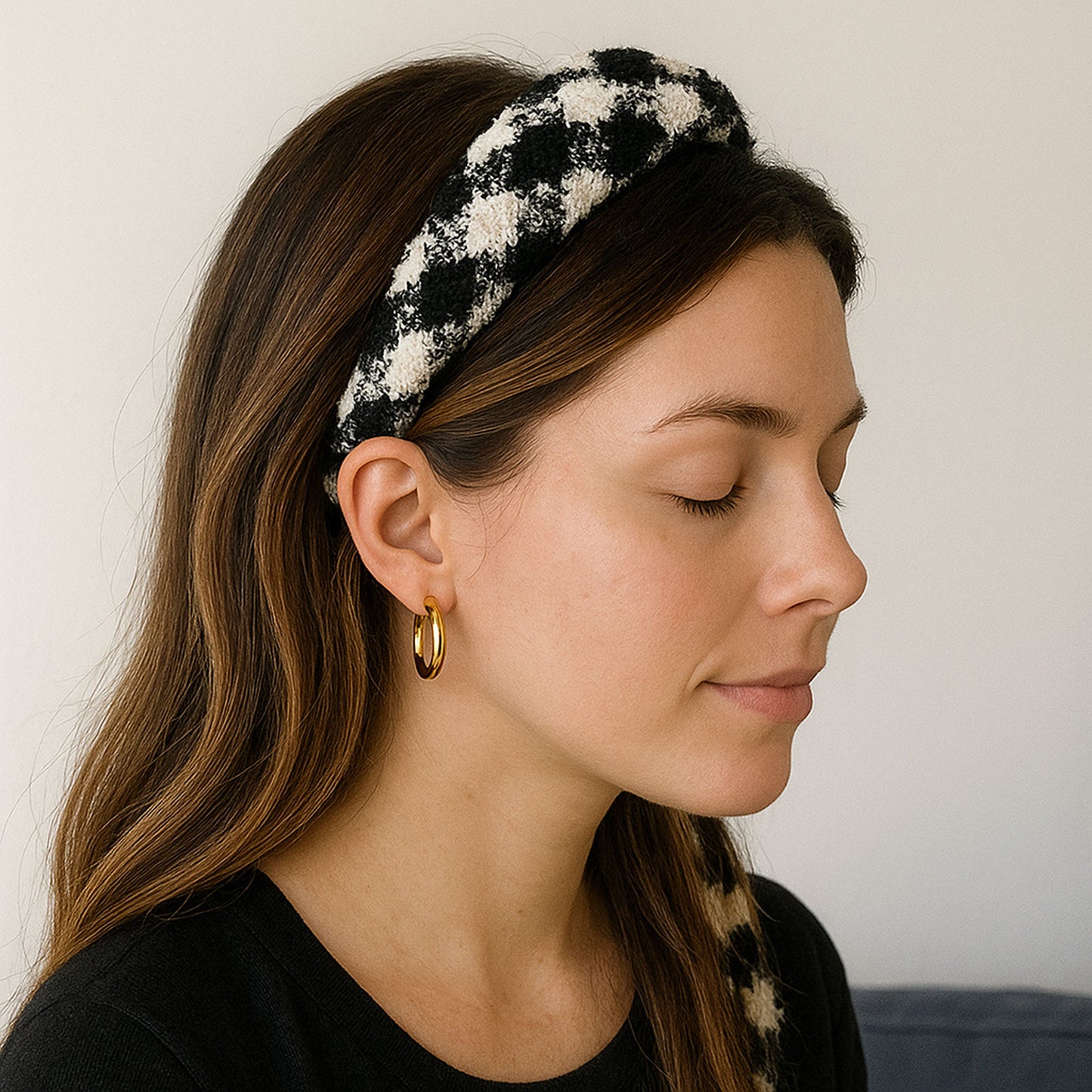 Serre-tête Large en Tweed à Motif Pied de Poule Penny Noir et Blanc