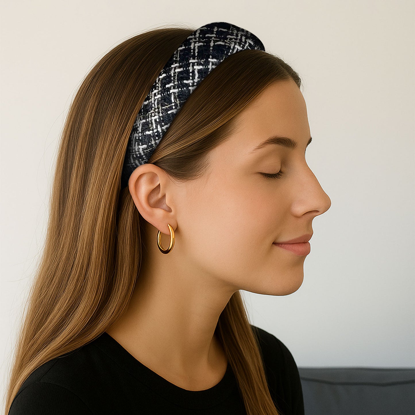 Serre-tête Large en Tweed et Strass Vikki Noir et Blanc