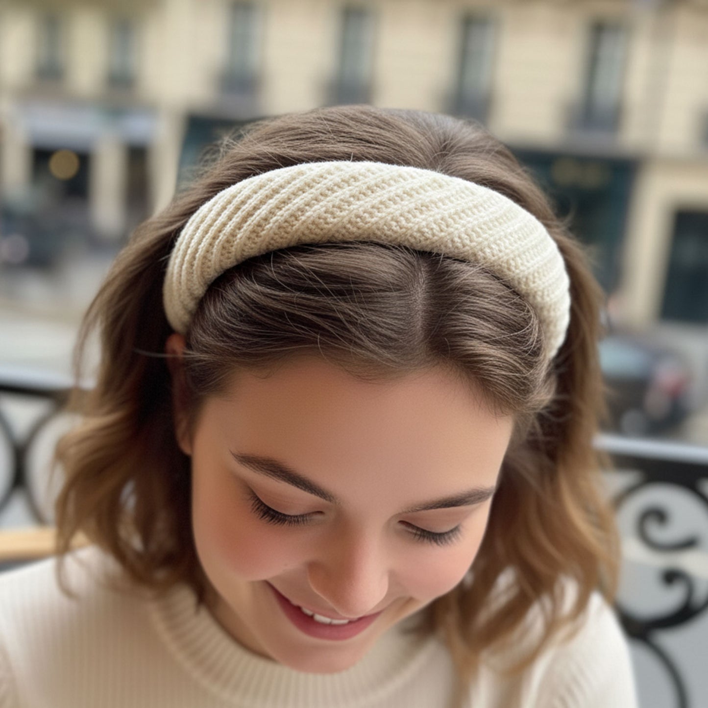 Serre-tête Large Hallie en Maille Côtelée Ivoire