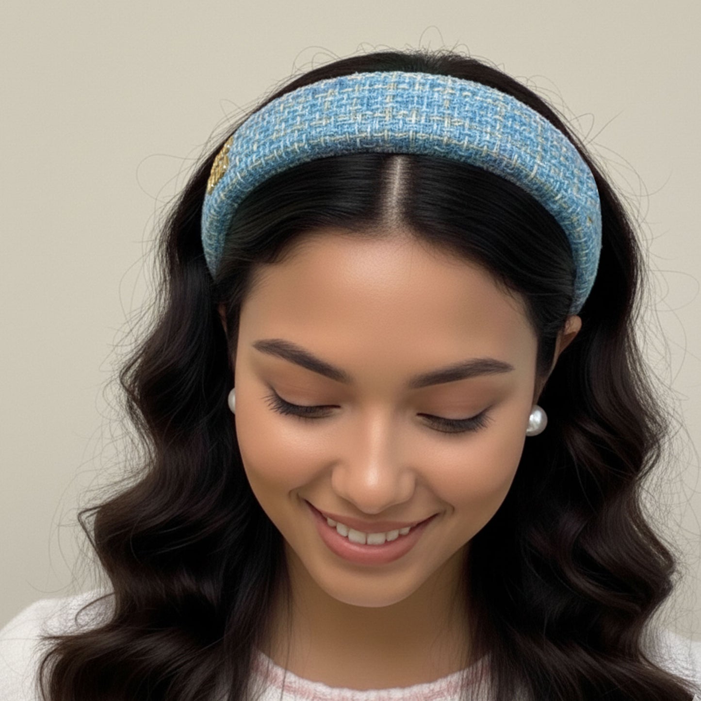 Serre-tête Large Romi en Tweed Coussiné Bleu Ciel