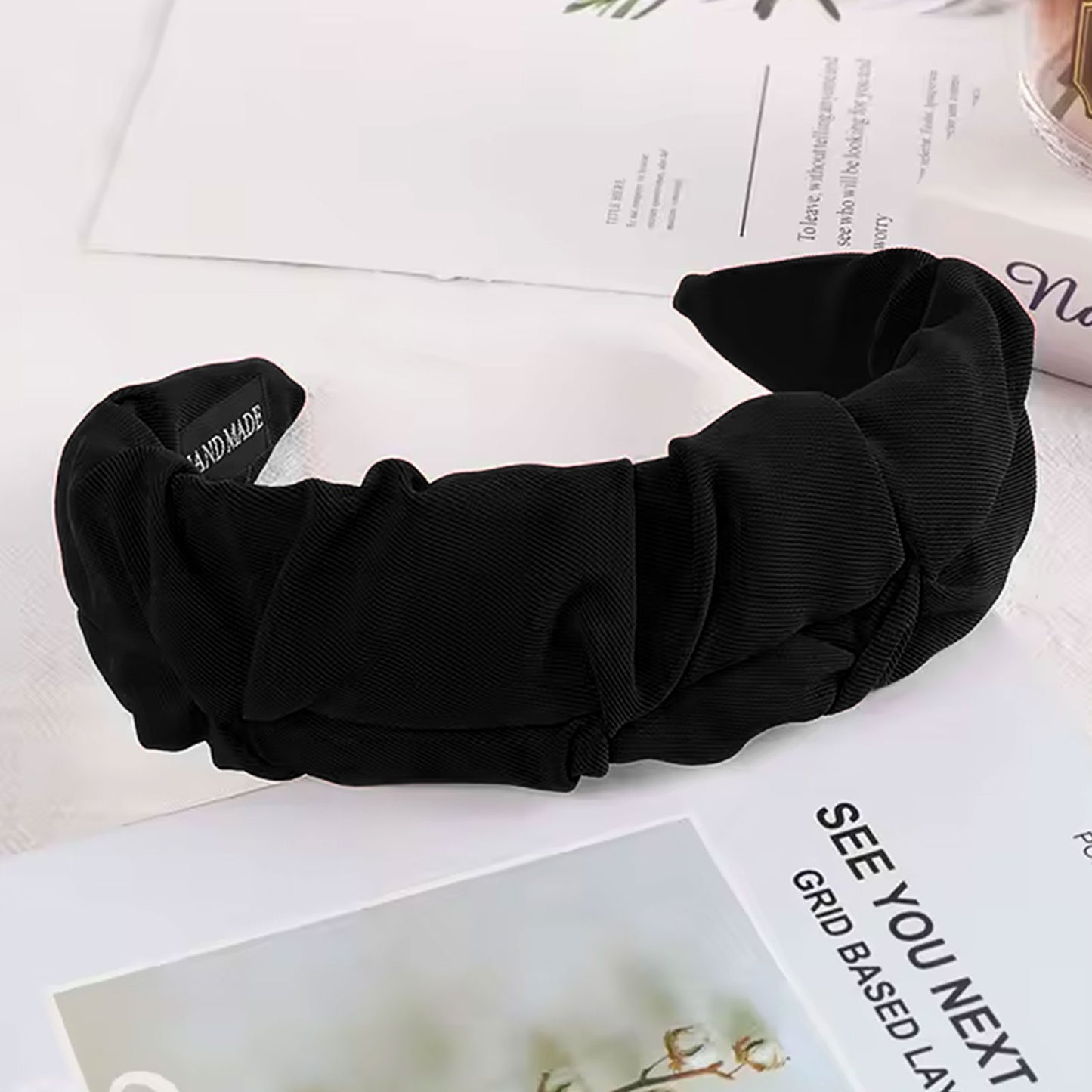 Serre-Tête Tressé pour Cheveux en Tissu Doux Uni Vintage Noir