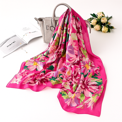 Foulard carré toucher soie floral Rosa Bloom 70x70cm