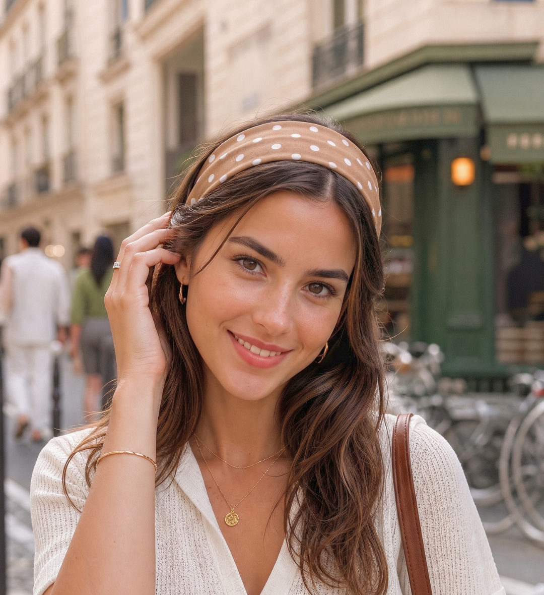 Bandeau Large à Pois Julia en Coton Marron Caramel