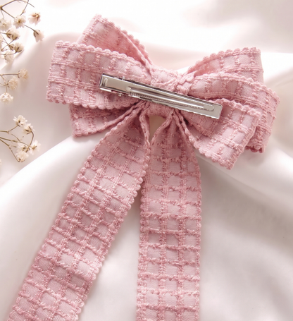 Barrette Grand Nœud Rose Dragée en Tissu Texturé Style Tweed