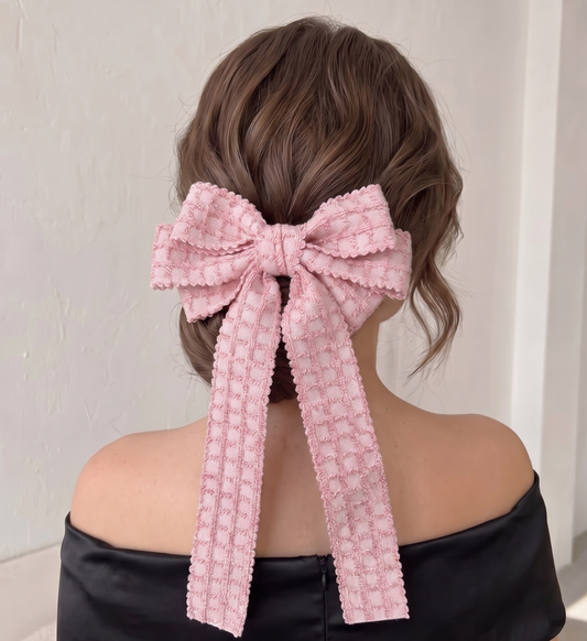 Barrette Grand Nœud Rose Dragée en Tissu Texturé Style Tweed