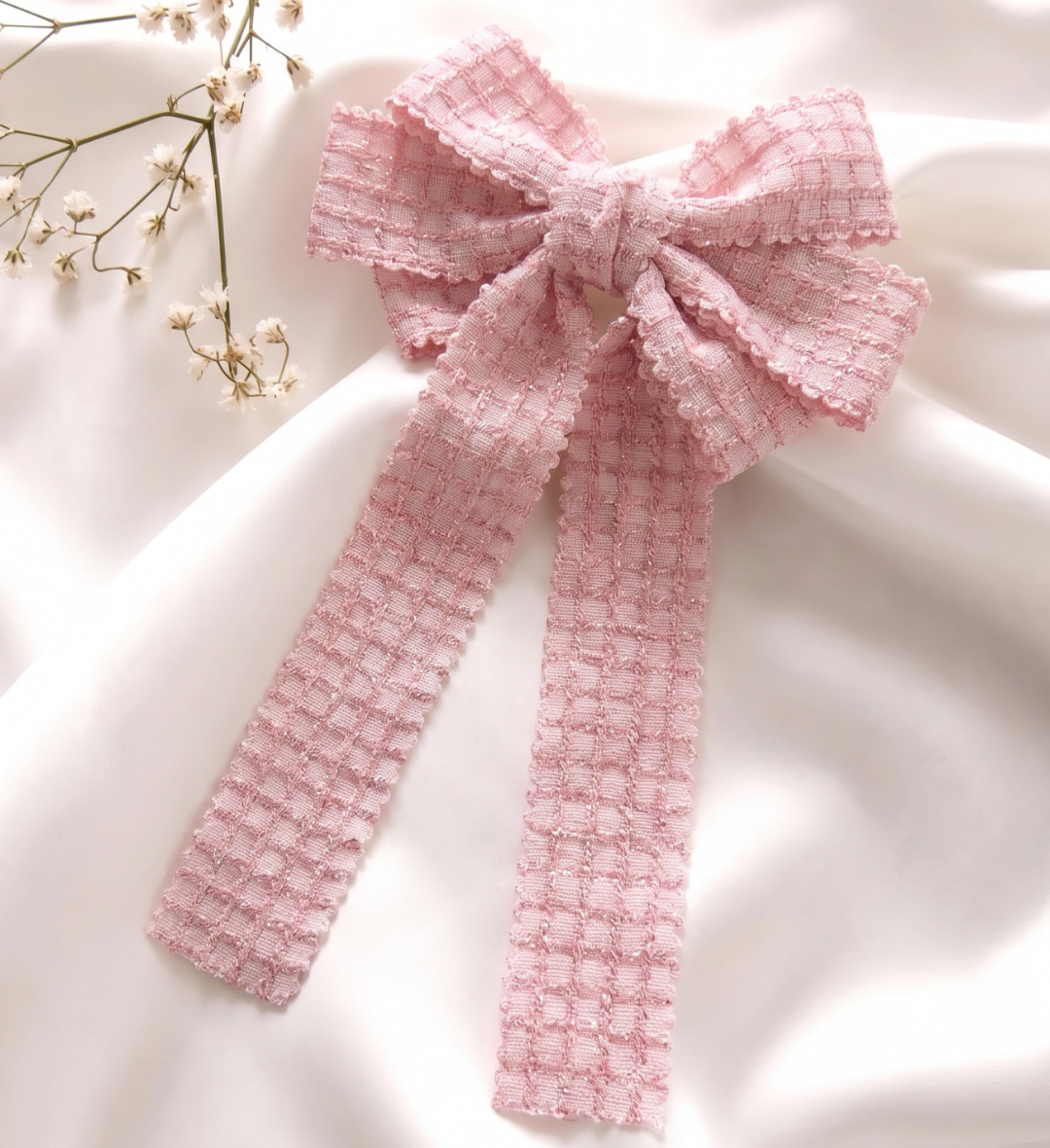 Barrette Grand Nœud Rose Dragée en Tissu Texturé Style Tweed