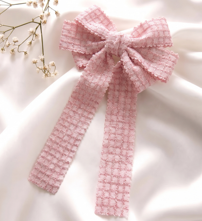 Barrette Grand Nœud Rose Dragée en Tissu Texturé Style Tweed