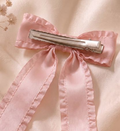 Barrette Nœud Rose Ruban Coquette à Volants Style Couture