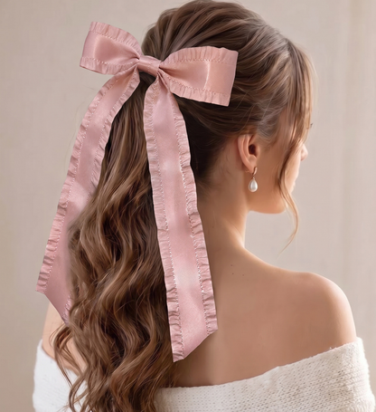 Barrette Nœud Rose Ruban Coquette à Volants Style Couture