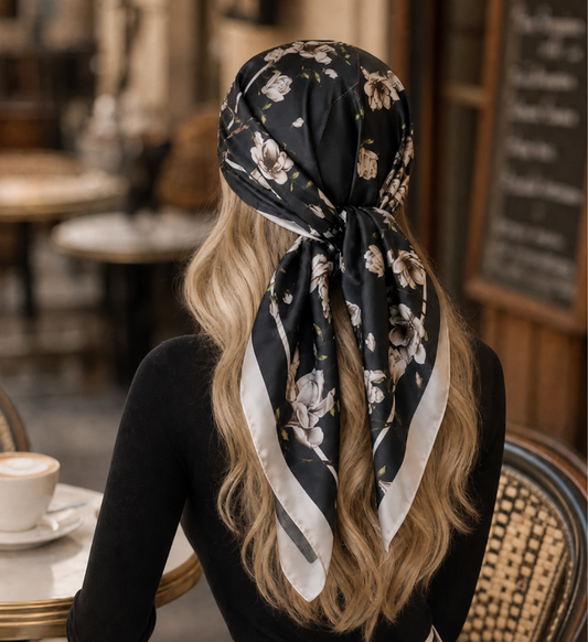 Foulard carré floral effet soie Magnolia Nocturne 90 x 90 cm