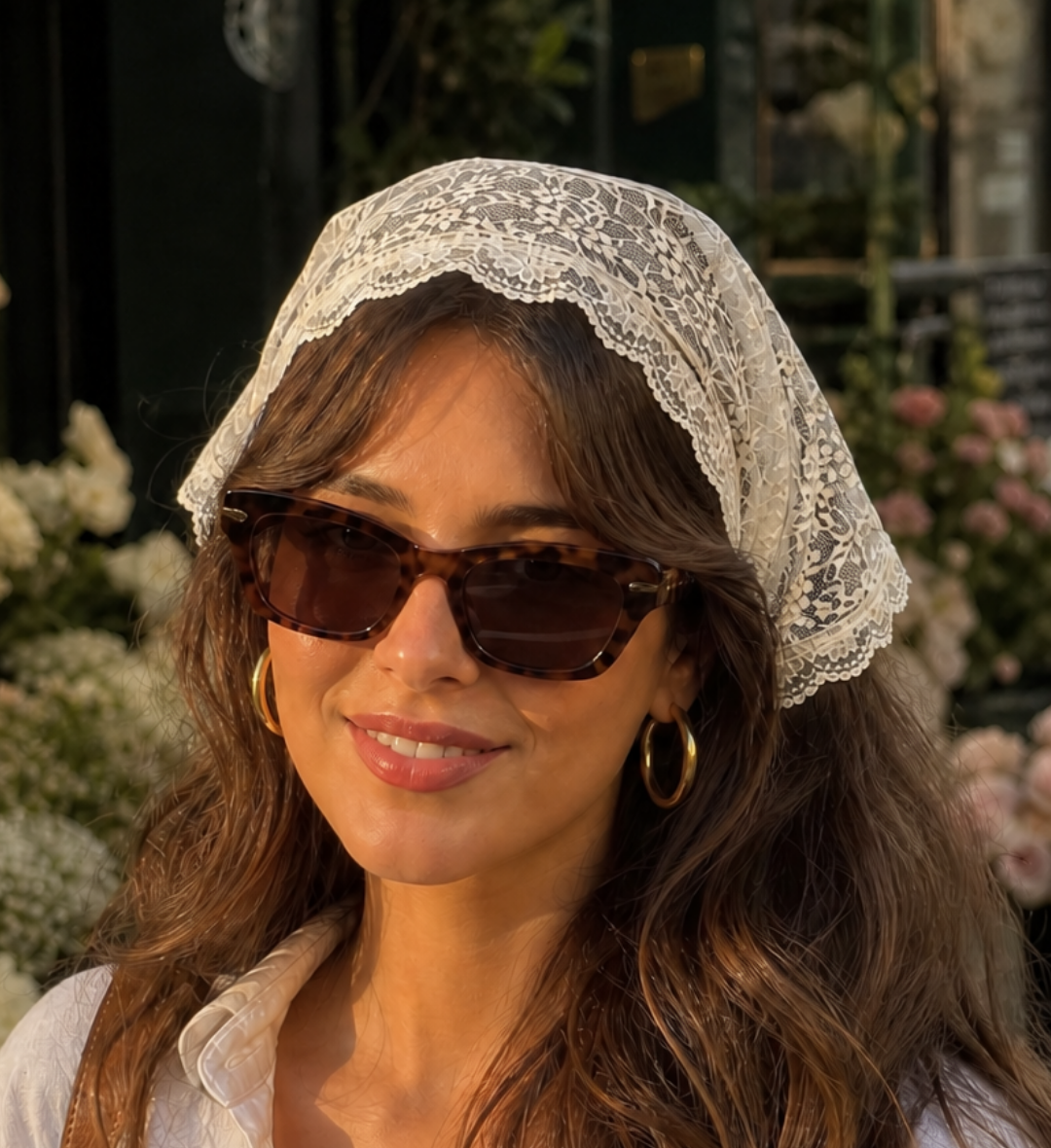 Bandana Dentelle Fleur de Coton Blanc