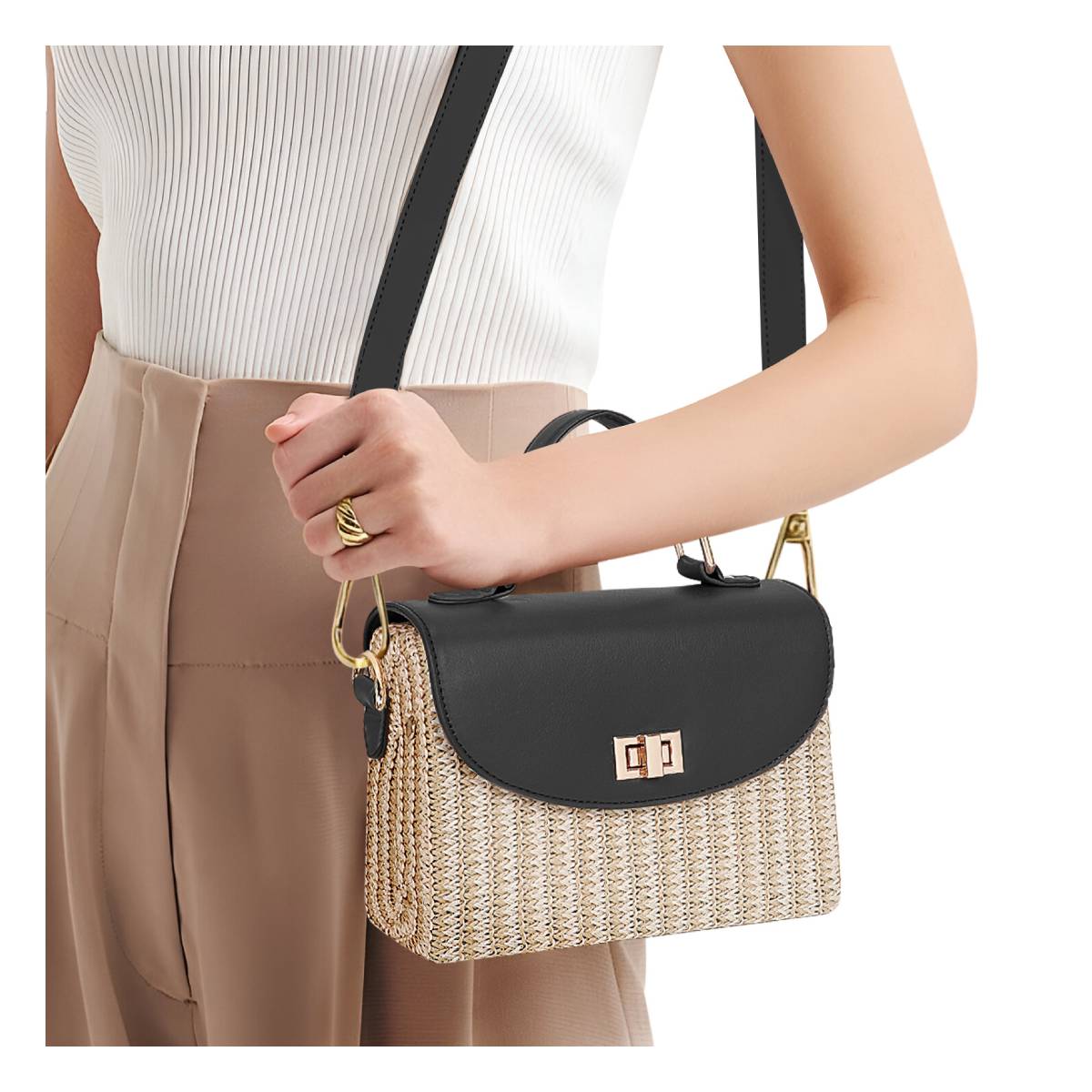Pochette en Rotin et Similicuir à Bandoulière Zarina Beige
