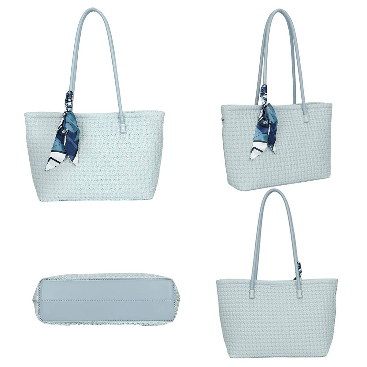 Sac à Main Cabas à Motif Tressé à Foulard La Sublime Bleu