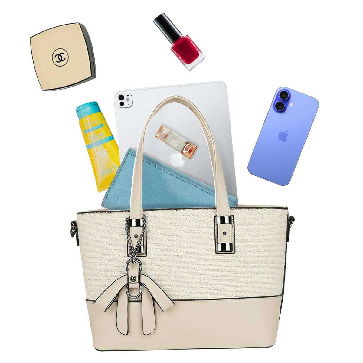 Sac Cabas à Imprimé Graphique Bi-Matière La Discrète Audace Beige