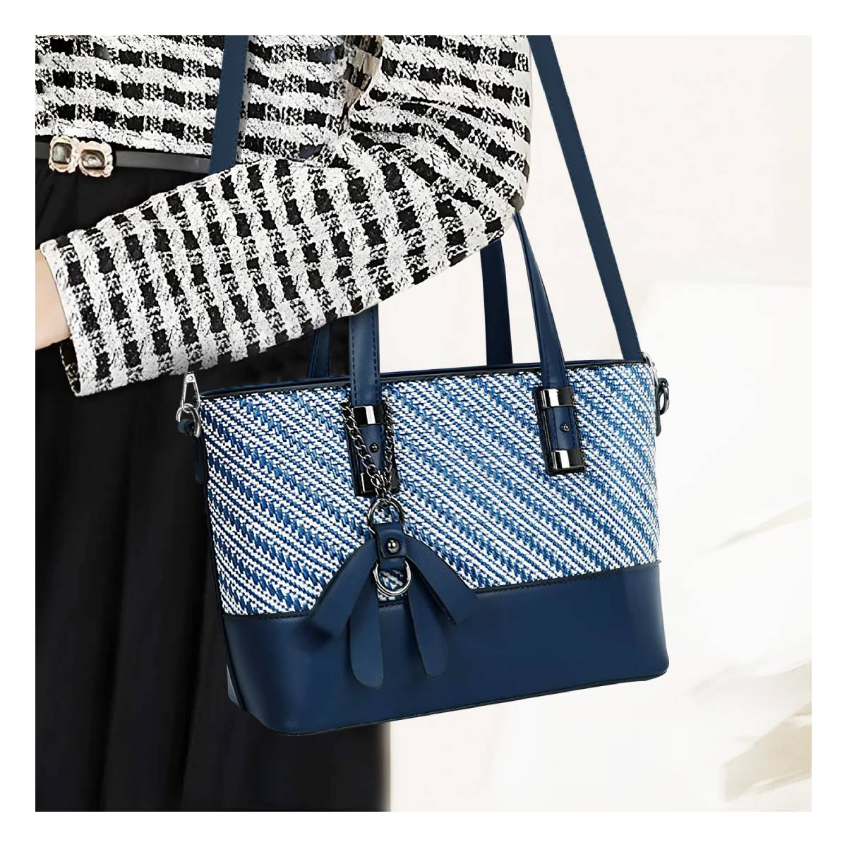 Sac Cabas à Imprimé Graphique Bi-Matière La Discrète Audace Bleu