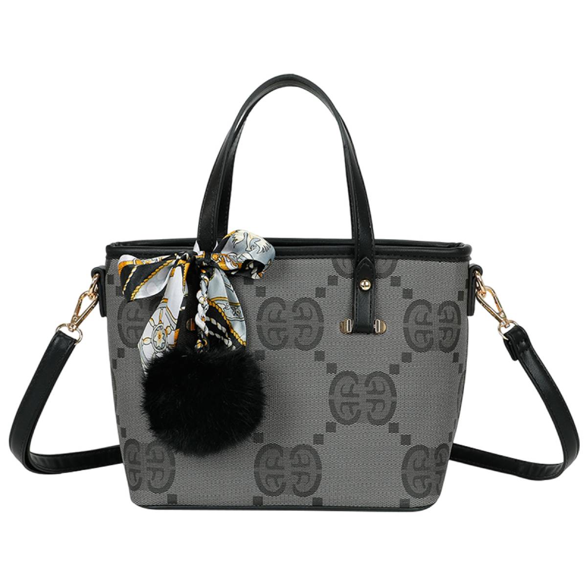 Sac Cabas Imprimé Monogramme à Pompom et Foulard Palmer Noir