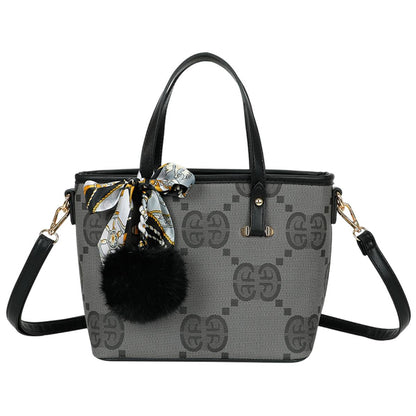 Sac Cabas Imprimé Monogramme à Pompom et Foulard Palmer Noir