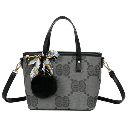 Sac Cabas Imprimé Monogramme à Pompom et Foulard Palmer Noir