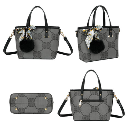 Sac Cabas Imprimé Monogramme à Pompom et Foulard Palmer Noir