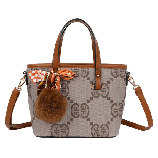 Sac Cabas Imprimé Monogramme à Pompom et Foulard Palmer Marron