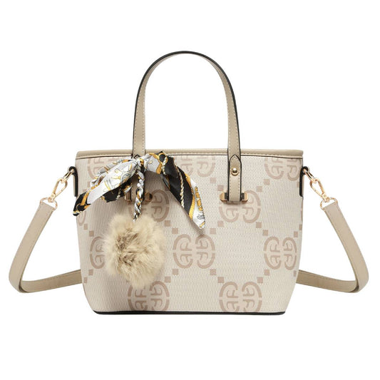 Sac Cabas Imprimé Monogramme à Pompom et Foulard Palmer Taupe