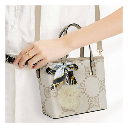 Sac Cabas Imprimé Monogramme à Pompom et Foulard Palmer Taupe