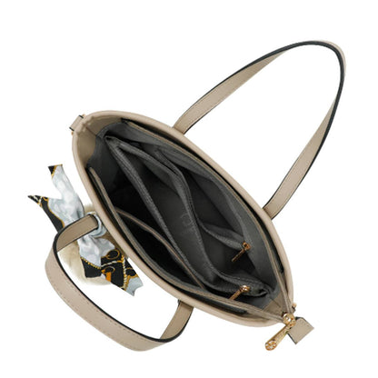 Sac Cabas Imprimé Monogramme à Pompom et Foulard Palmer Taupe