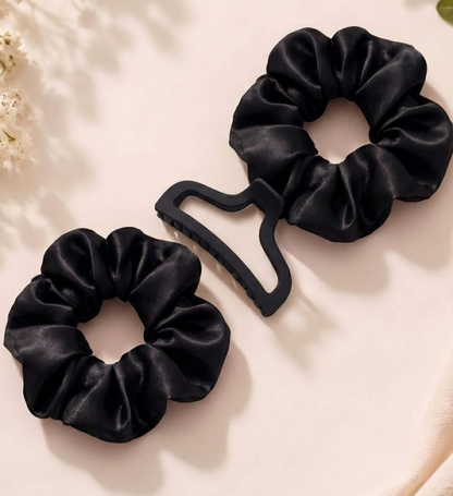 Rouleau Bigoudi en Satin Noir avec Pince et Chouchous