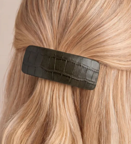 Barrette Plate Olive Vert Foncé Texture Croco Vintage