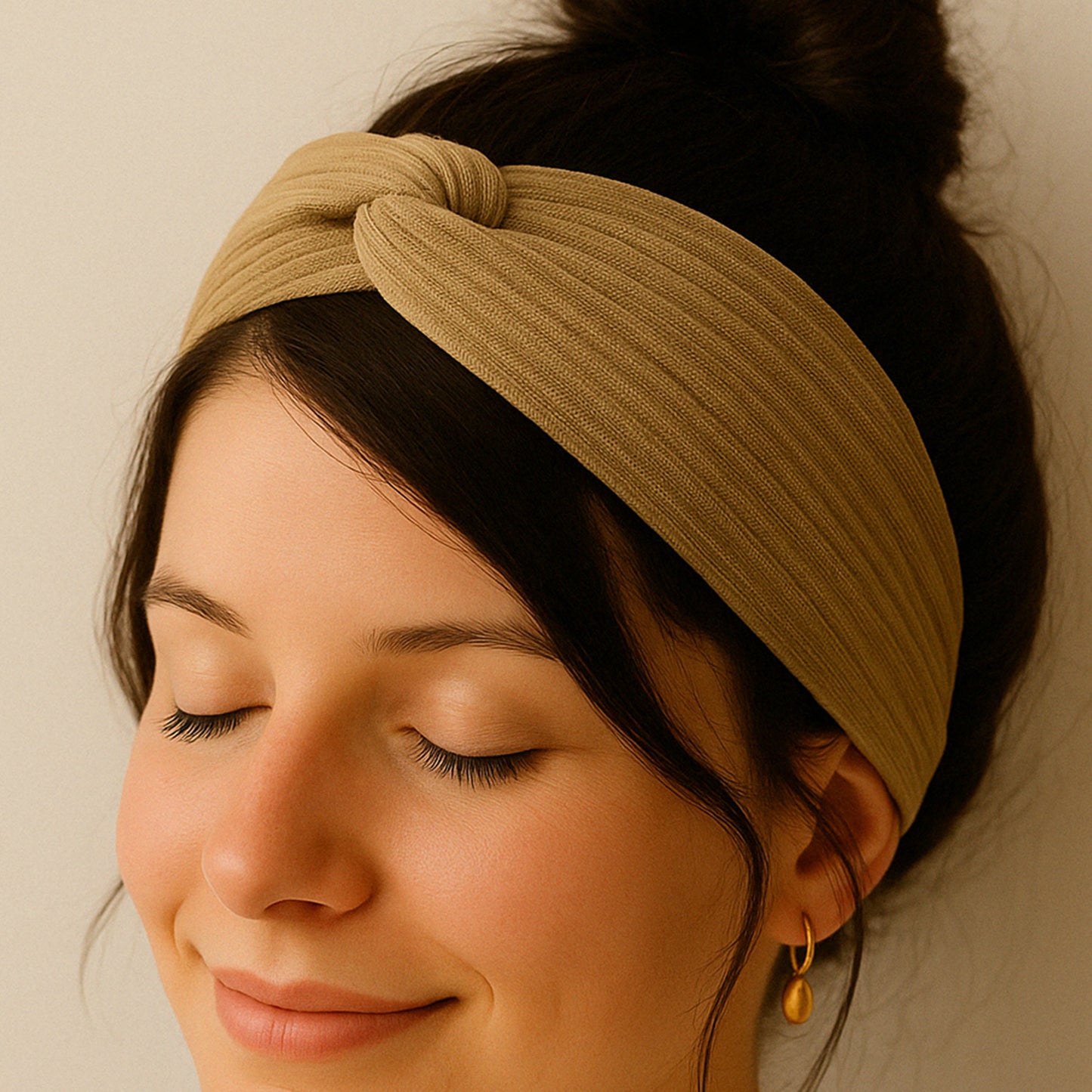 Bandeau Croisé en Maille Côtelée Camel