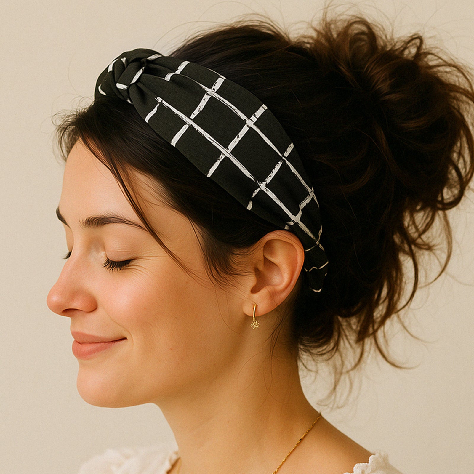 Bandeau Torsadé Noir à Carreaux