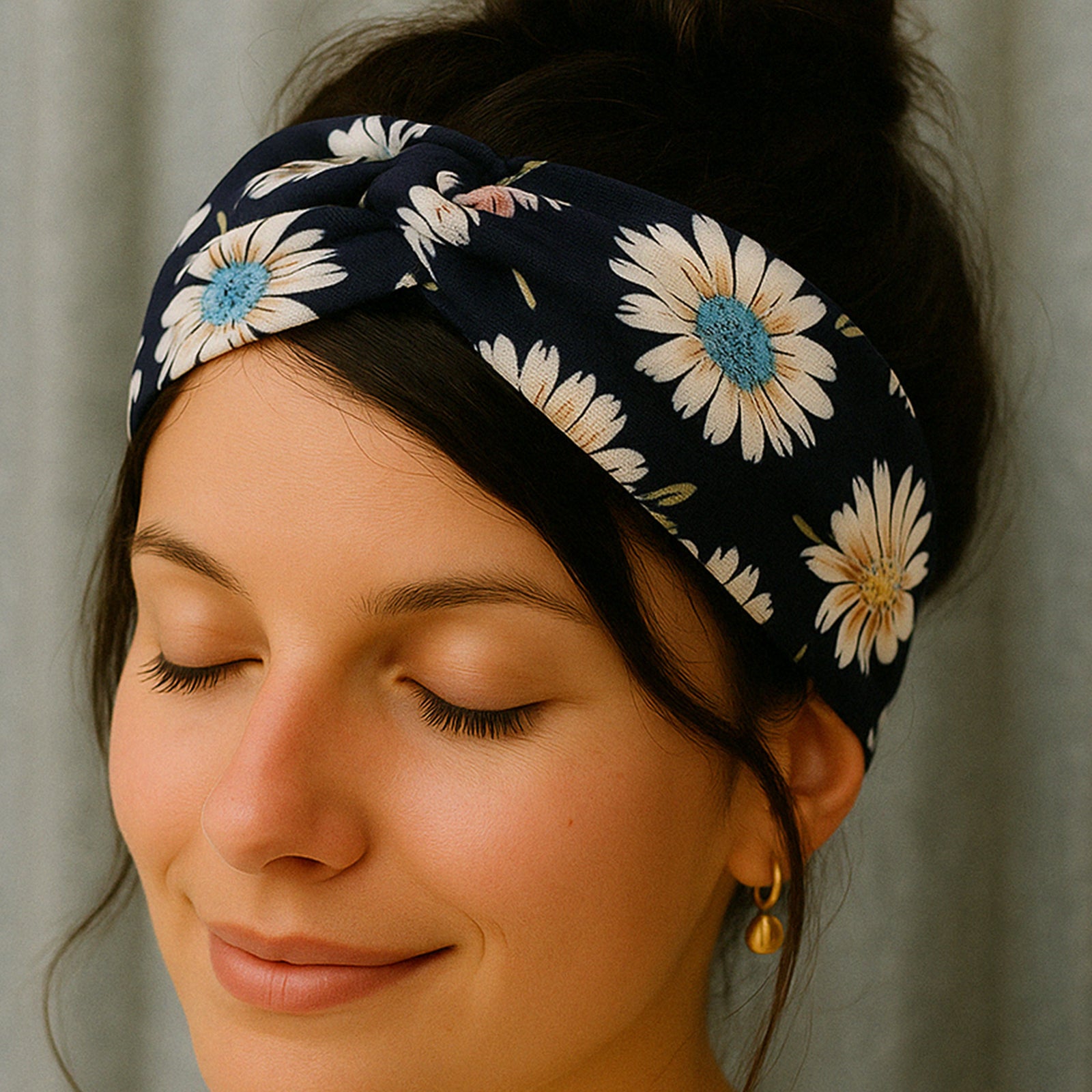 Bandeau en Satin Torsadé Fleuri Bleu Foncé
