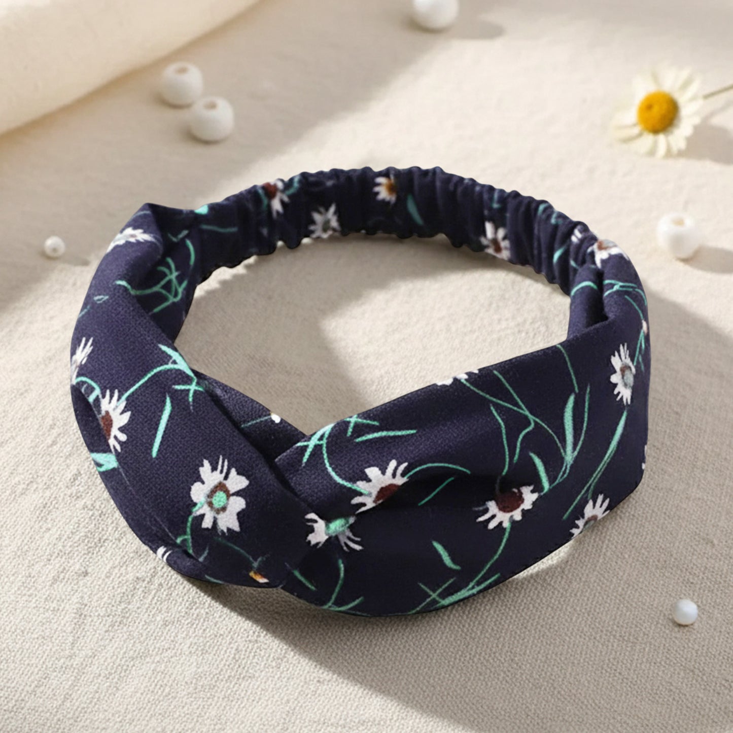 Bandeau Torsadé en Satin Fleuri Lindsay Bleu Nuit