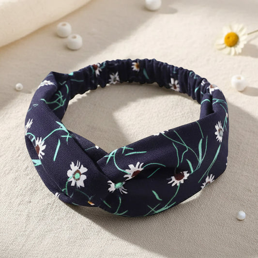 Bandeau Torsadé en Satin Fleuri Lindsay Bleu Nuit