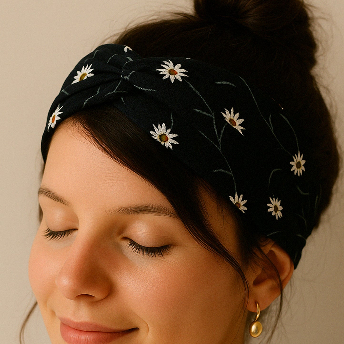 Bandeau en Satin Torsadé Fleur Bleu Nuit