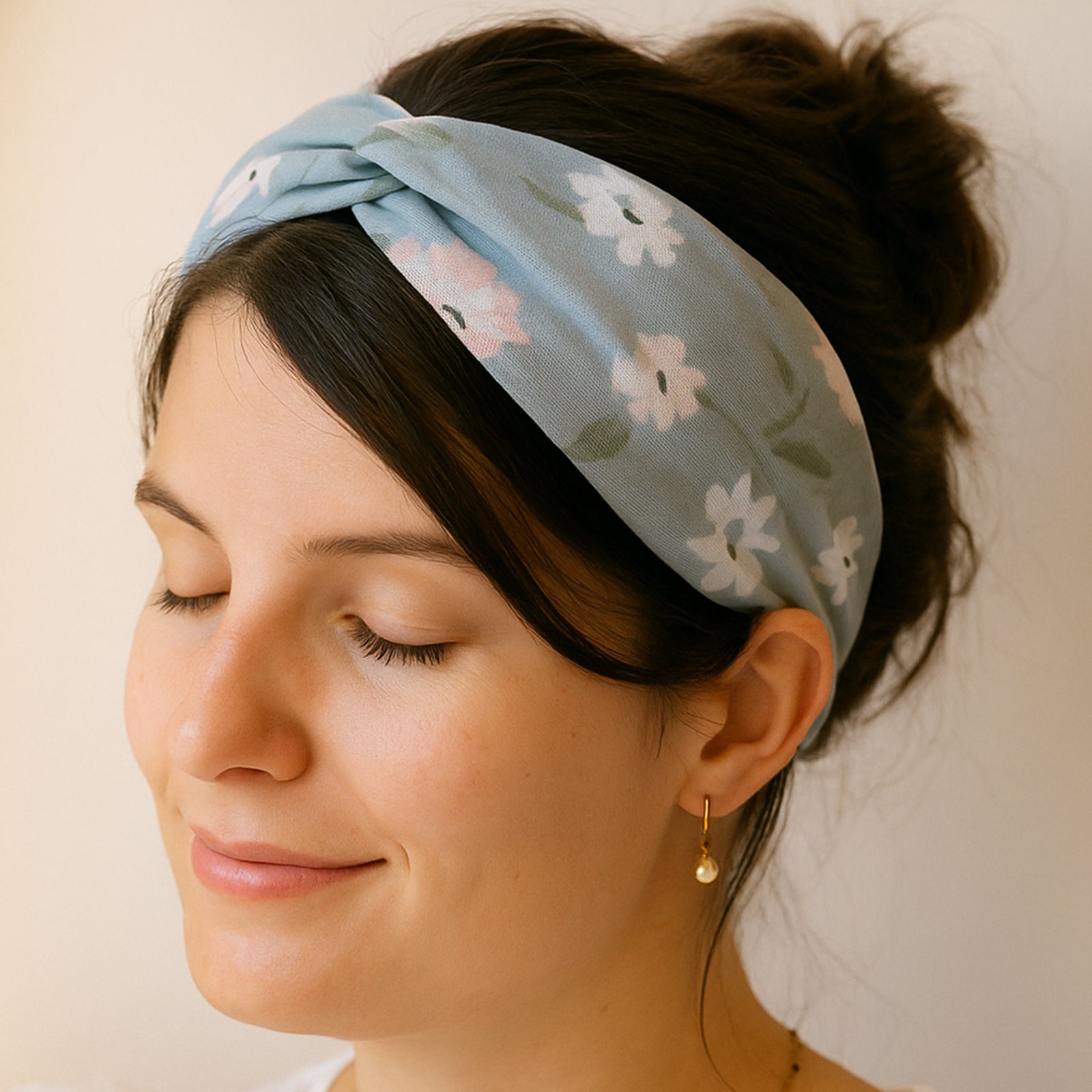 Bandeau en Satin Torsadé Fleuri Vert