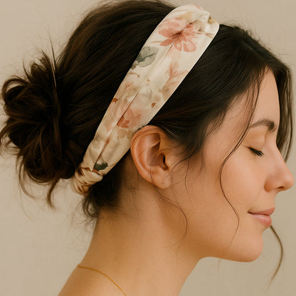 Bandeau en Satin Torsadé Fleuri Blanc