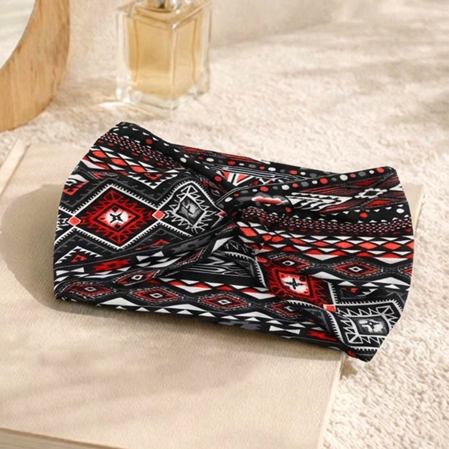 Bandeau Croisé Imprimé Aztèque Rouge et Noir