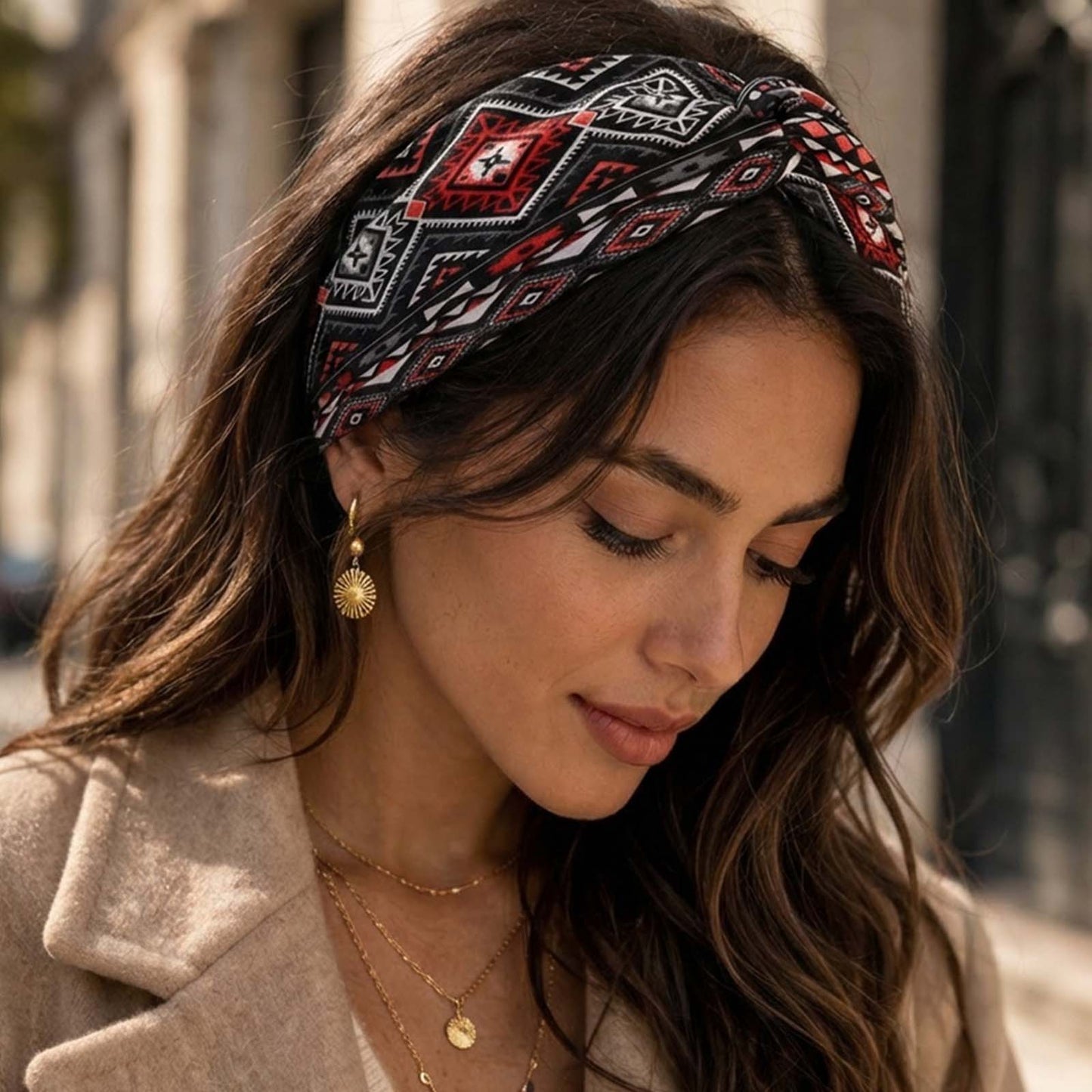 Bandeau Croisé Imprimé Aztèque Rouge et Noir