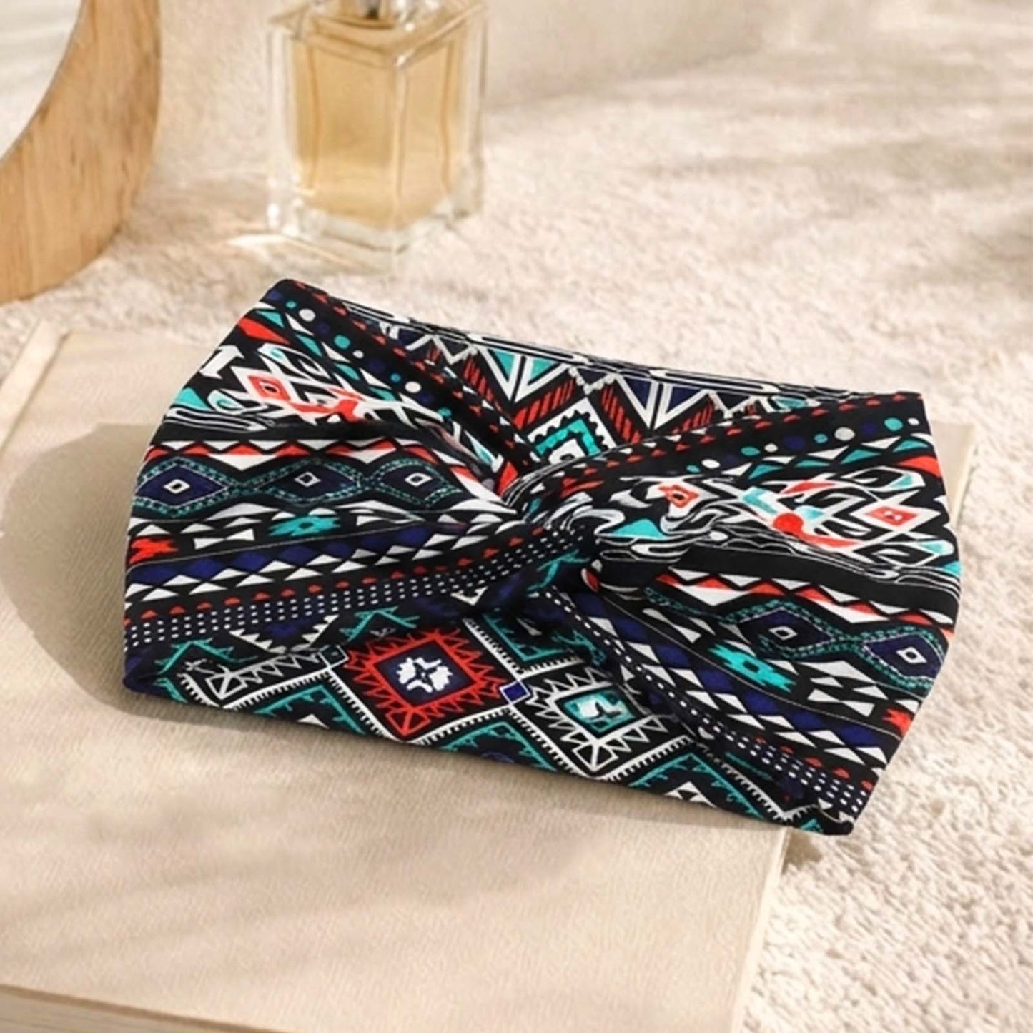 Bandeau Croisé Yona Imprimé Aztèque Bleu et Rouge