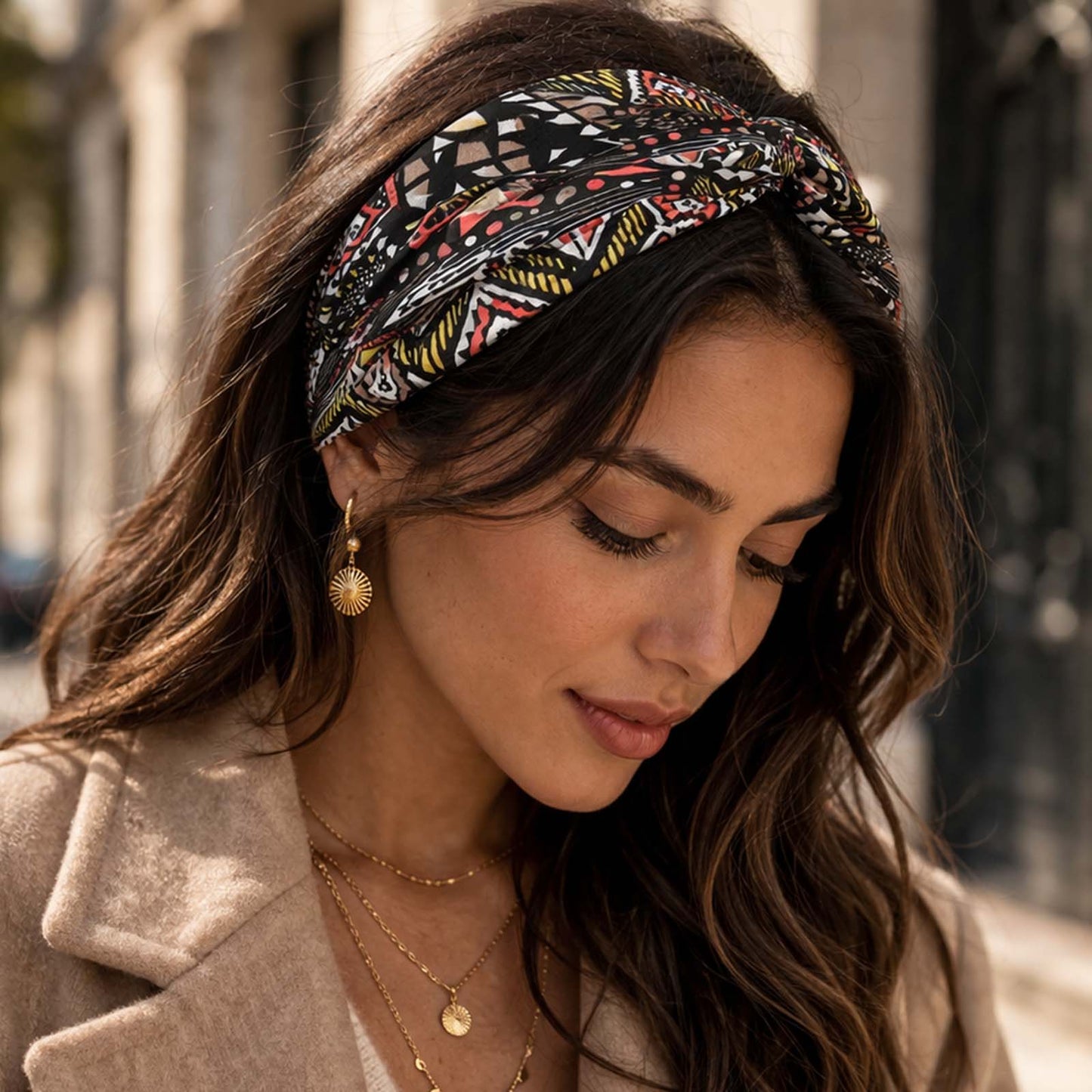 Bandeau Croisé Eva Imprimé Aztèque Jaune et Rouge