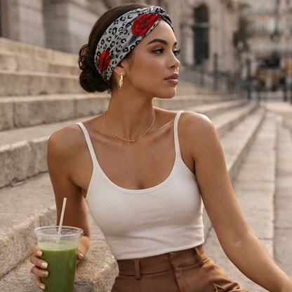 Bandeau Croisé Imprimé Léopard avec Roses Rouges