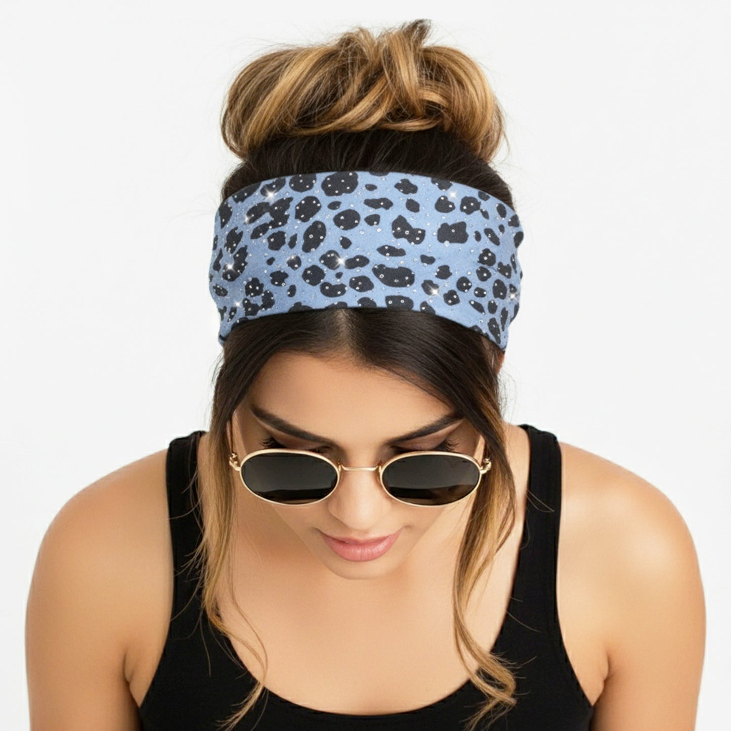 Bandeau Large Léopard Strassé Chloé en Coton Bleu