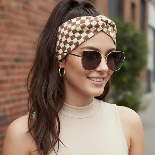 Bandeau Croisé Wendy en Maille Jacquard à Carreaux Blanc