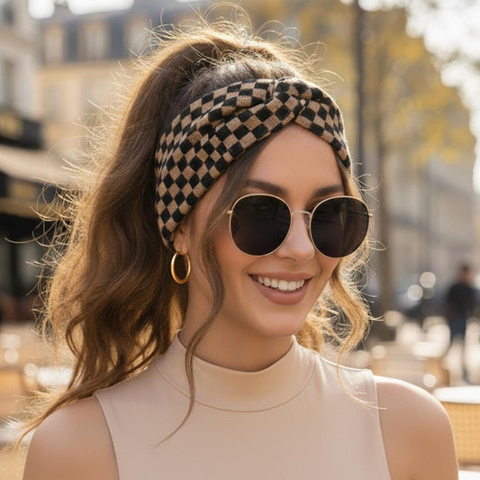 Bandeau Croisé Wendy en Maille Jacquard à Carreaux Marron