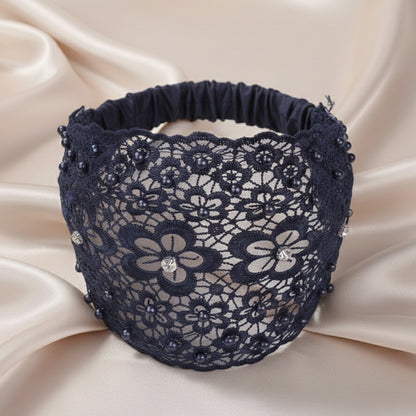 Bandeau Large en Dentelle Florale Brodée à Perles Bohème Bleu Marine