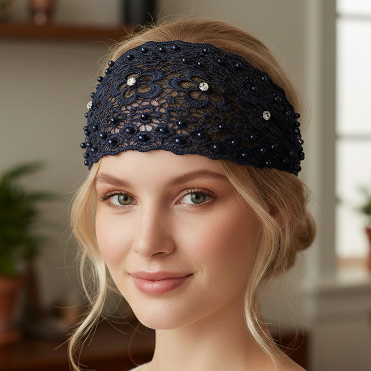 Bandeau Large en Dentelle Florale Brodée à Perles Bohème Bleu Marine